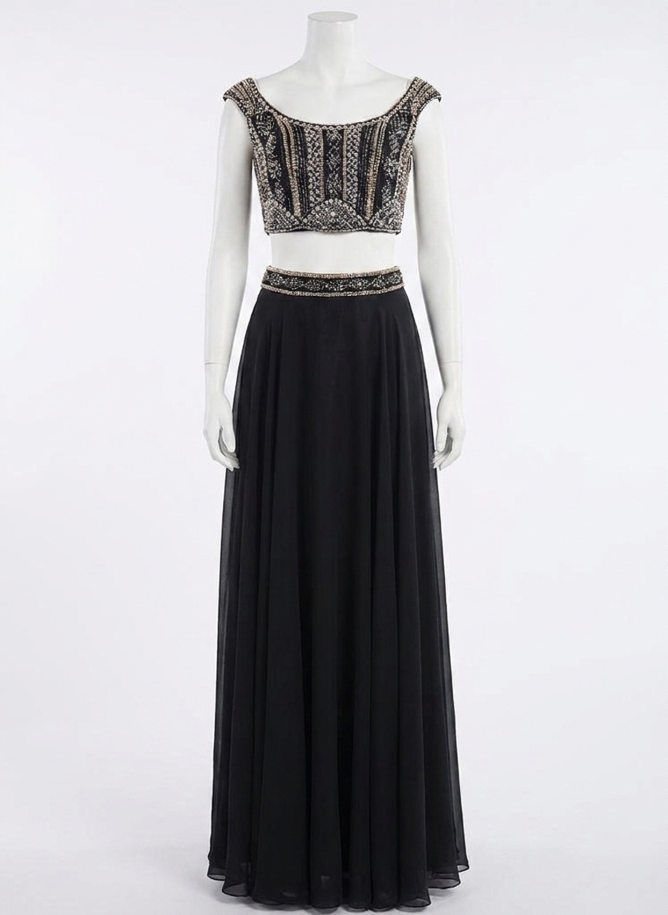 NEW RACHEL ALLAN two-piece beaded chiffon evening gown in black